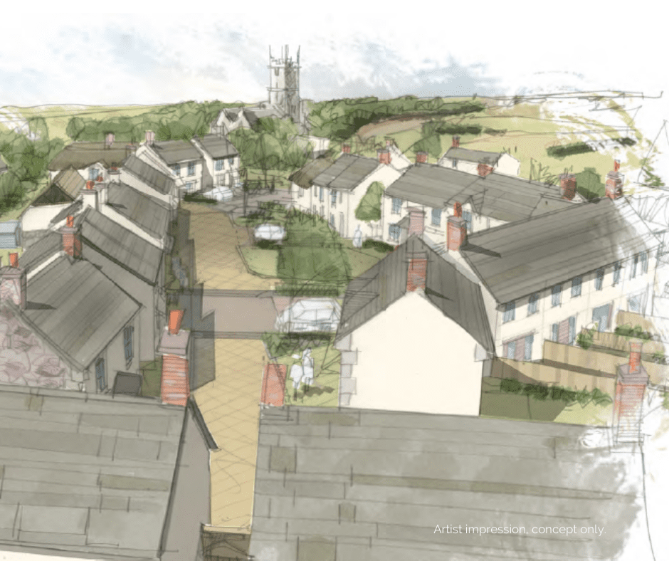 Artist Impression of how the new development will look. View across roof tops looking towards Merton church which appears in the background.