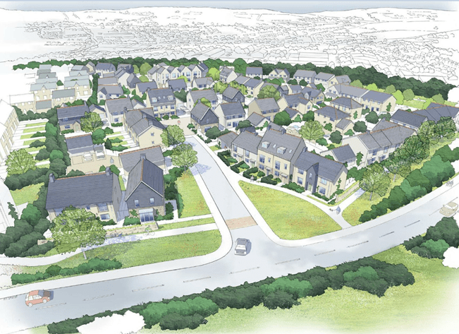 Computer generate image of how the planned development might look at Viaduct Hill, Hayle shown as an aerial shot across the planned site.